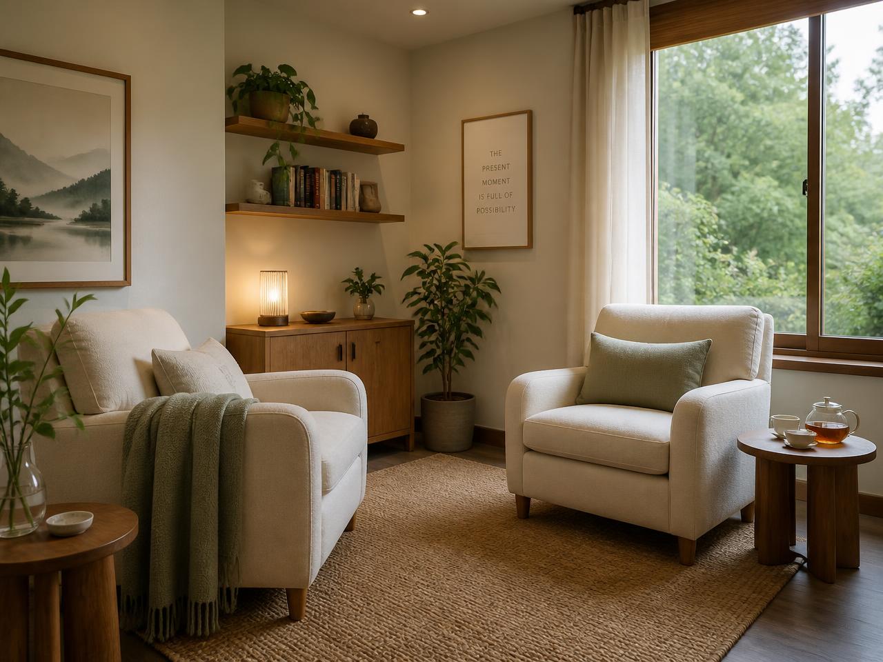 A quiet therapy room with two armchairs, a sage throw, and daylight